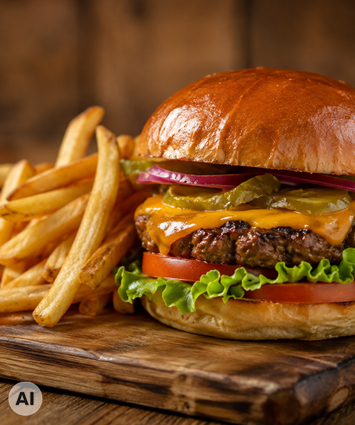 Cheeseburger mit Pommes - KI-generiert
