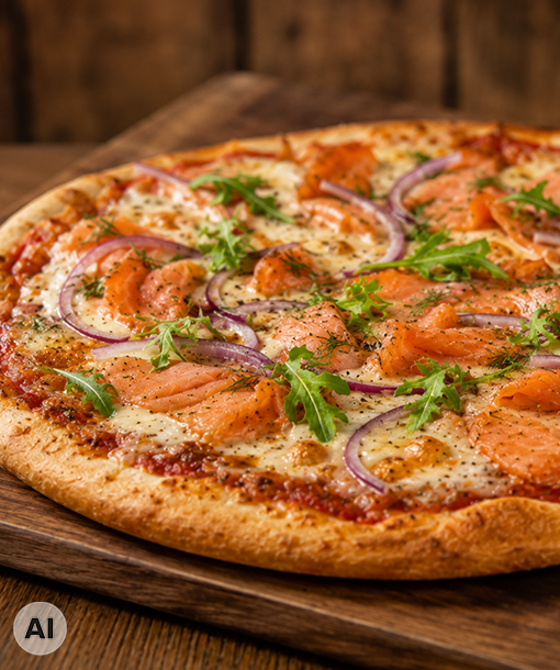 Pizza mit Lachs auf einem Teller - KI-generiert