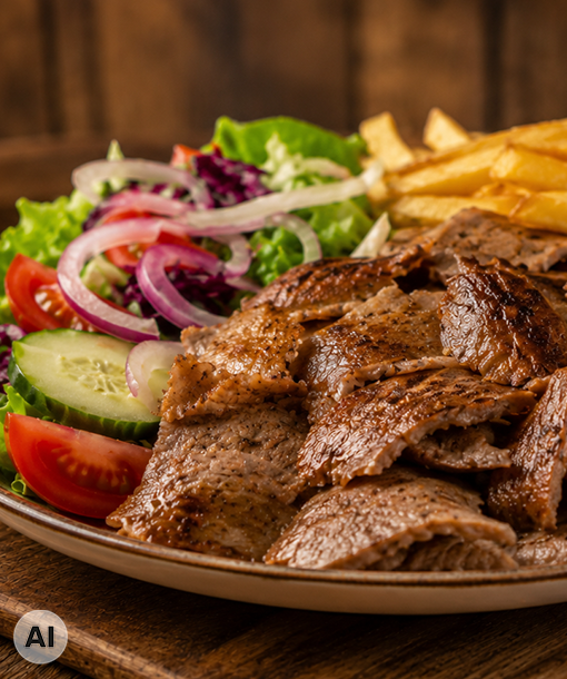 Döner auf einem Teller mit Pommes und Salat - KI-generiert